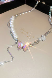 Inlaid Rhinestone Butterfly Pearl Necklace