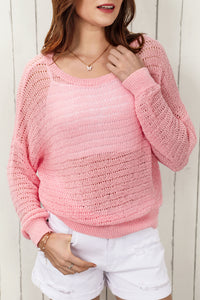 Double Take Openwork Round Neck Dropped Shoulder Knit Top