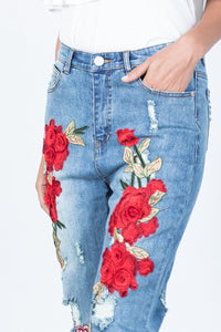 Full Size Flower Embroidery Button Fly Jeans