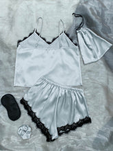 Load image into Gallery viewer, Lace Trim Cami, Shorts, Eye Mask, Scrunchie, and Bag Pajama Set