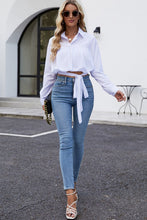 Load image into Gallery viewer, Cropped Lapel Collar Tie Waist Long Sleeve Blouse
