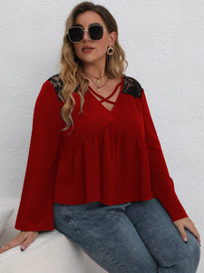 Plus Size Crisscross Spliced Lace Babydoll Blouse