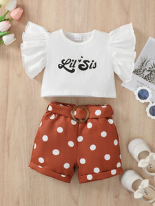 Girls Graphic Butterfly Sleeve Top and Polka Dot Shorts Set