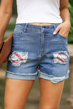 Load image into Gallery viewer, Printed Patch Raw Hem Denim Shorts