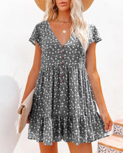 Load image into Gallery viewer, Printed V-Neck Buttoned Short Sleeve Mini Dress