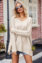 Load image into Gallery viewer, V-Neck Dropped Shoulder Ribbed Long Sleeve Sweater