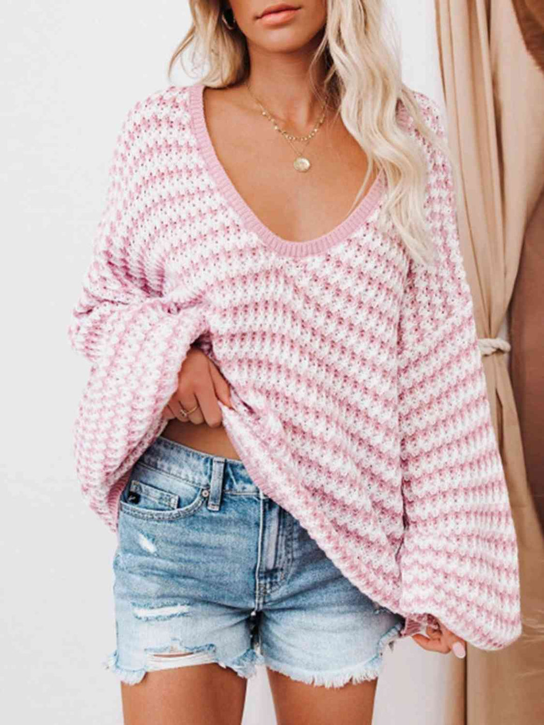 Striped Drop Shoulder V-Neck Sweater