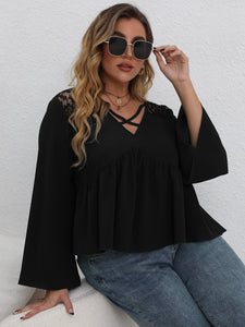 Plus Size Crisscross Spliced Lace Babydoll Blouse