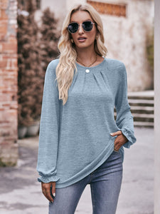 Double Take Long Flounce Sleeve Round Neck Blouse