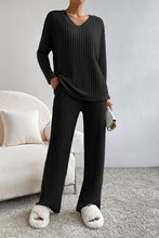 Load image into Gallery viewer, Ribbed V-Neck Top and Pants Lounge Set