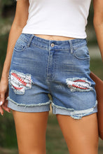 Load image into Gallery viewer, Printed Patch Raw Hem Denim Shorts