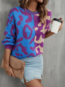 Round Neck Contrast Color Dropped Shoulder Sweater