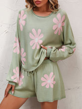 Load image into Gallery viewer, Floral Print Raglan Sleeve Knit Top and Tie Front Sweater Shorts Set