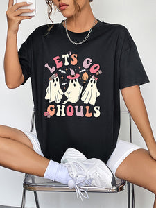 Round Neck Short Sleeve LET'S GO GHOULS Graphic T-Shirt
