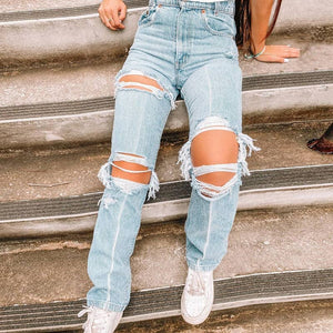 Straight Ripped Mid-Waist Jeans