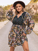 Load image into Gallery viewer, Plus Size Floral Tie Neck Balloon Sleeve Mini Dress