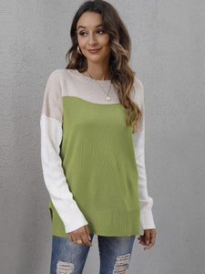 Color Block Round Neck Dropped Shoulder Sweater