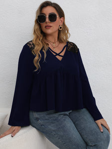 Plus Size Crisscross Spliced Lace Babydoll Blouse