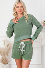 Load image into Gallery viewer, Round Neck Long Sleeve Top and Drawstring Shorts Lounge Set