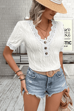 Load image into Gallery viewer, Buttoned V-Neck Lace Trim T-Shirt