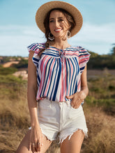Load image into Gallery viewer, Striped Flutter Sleeve Tied Blouse