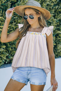 Striped Embroidered Square Neck Butterfly Sleeve Tank