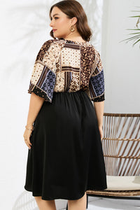 Plus Size Printed Two-Tone Flutter Sleeve Dress