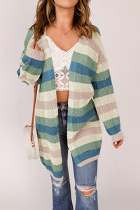 Full Size Striped Long Sleeve Openwork Cardigan