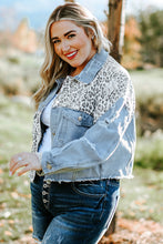 Load image into Gallery viewer, Plus Size Leopard Raw Hem Distressed Spliced Denim Jacket