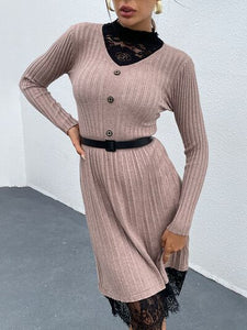 Lace Detail Decorative Button Long Sleeve Sweater Dress