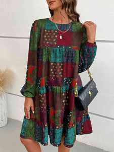 Patchwork Round Neck Long Sleeve Dress