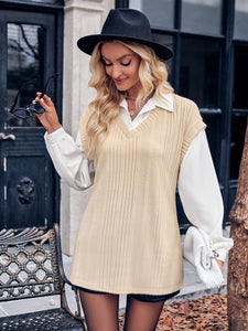 Ribbed Collared Neck Dropped Shoulder Blouse