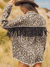 Load image into Gallery viewer, Leopard Fringe Detail Collared Neck Denim Jacket