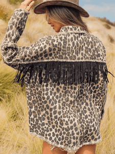 Leopard Fringe Detail Collared Neck Denim Jacket