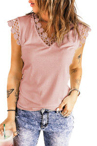 Lace Trim V-Neck Capped Sleeve Top