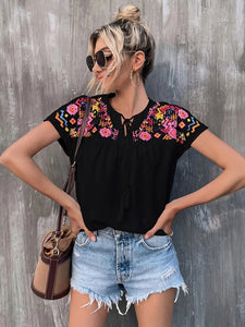 Printed Notched Neck Short Sleeve Blouse