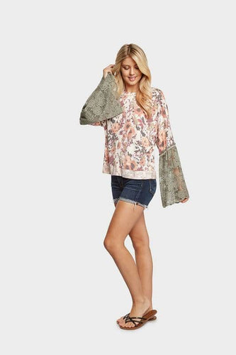 Floral Top with Lace Bell Sleeves