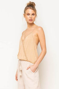 Lace trimmed wrap tank top