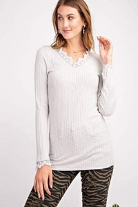 OATMEAL long sleeve lace trim ribbed top