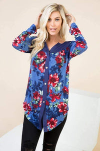 Button Up Long Sleeve Top with Floral Print