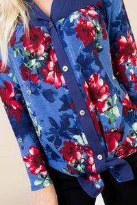 Button Up Long Sleeve Top with Floral Print