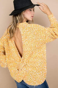 YELLOW TWISTED BACK OPEN PRINTED SWEATER