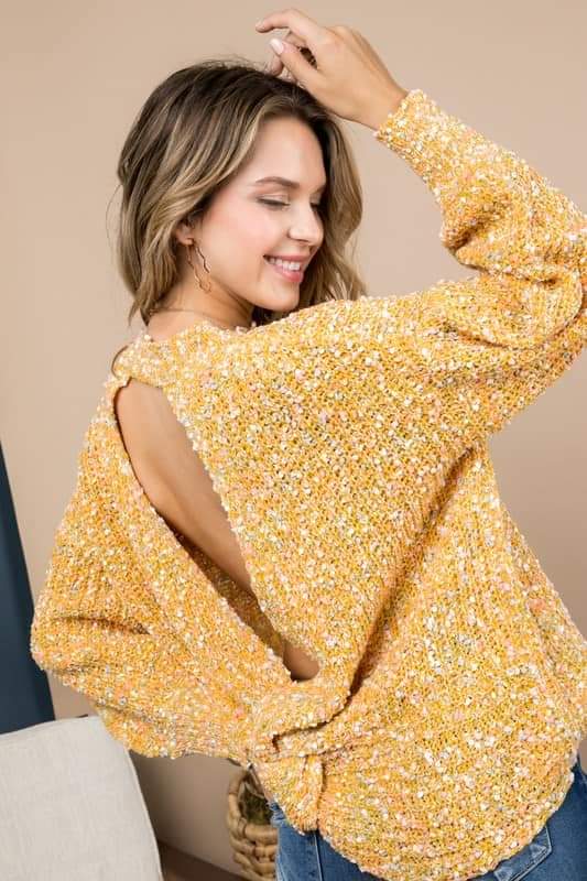 YELLOW TWISTED BACK OPEN PRINTED SWEATER