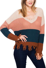 Load image into Gallery viewer, LONG SLEEVE COLOR BLOCK DISTRESSED SWEATER