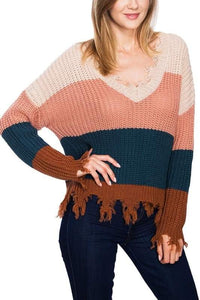 LONG SLEEVE COLOR BLOCK DISTRESSED SWEATER