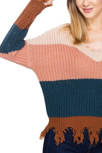 LONG SLEEVE COLOR BLOCK DISTRESSED SWEATER