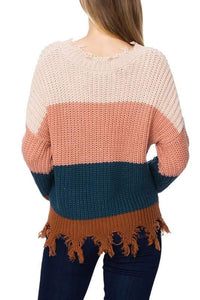 LONG SLEEVE COLOR BLOCK DISTRESSED SWEATER