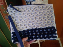 Load image into Gallery viewer, Navy/cream thick yarn wristlet clutch