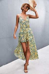 Floral Spaghetti Strap Surplice Romper with Skirt Overlay