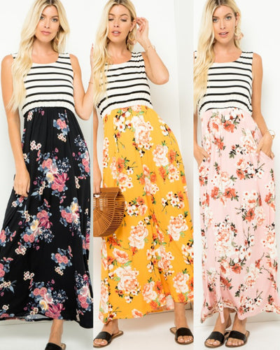 Striped sleeveless floral contrast maxi dresses